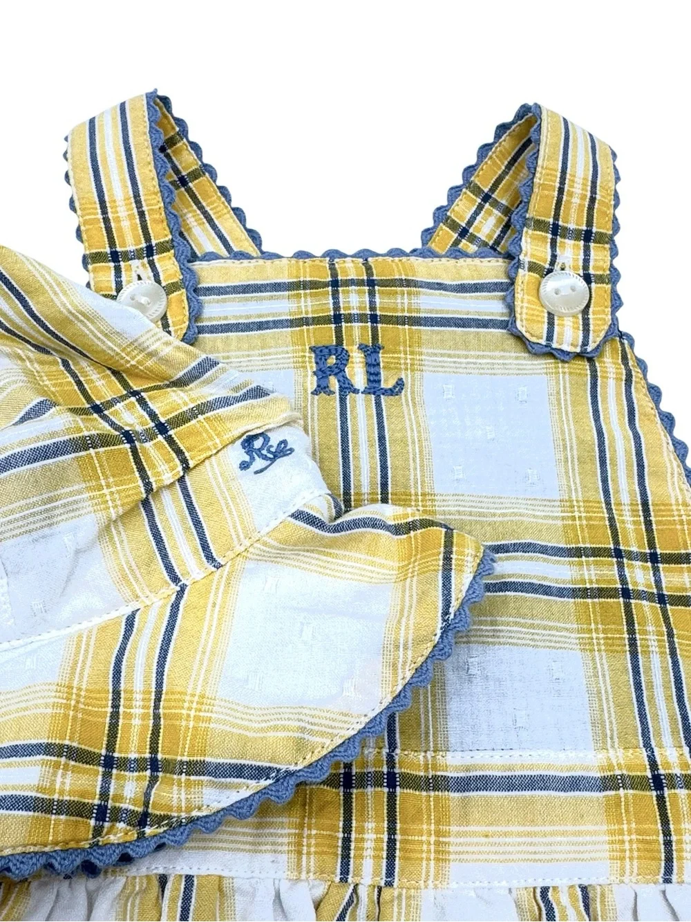 NWT Ralph Lauren Baby 2-Piece Plaid Cotton Dobby Romper & Sun Hat Set Size 6M